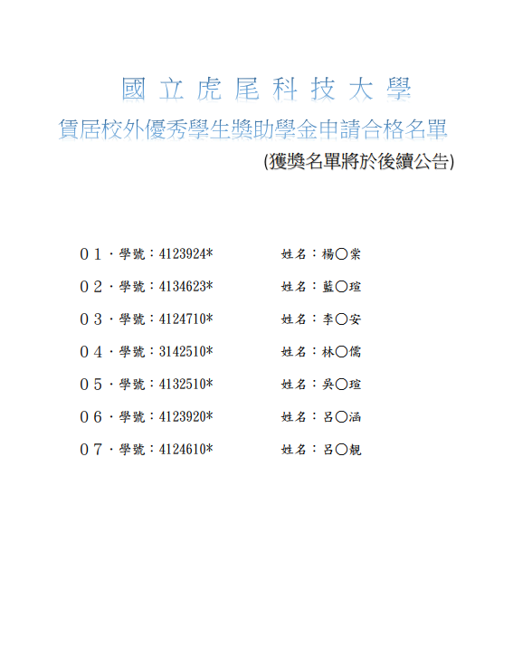 114-2賃居校外優秀學生獎助學金申請合格名單